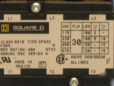 Square d definite purpose contactor 8910DPA33V02 5B118