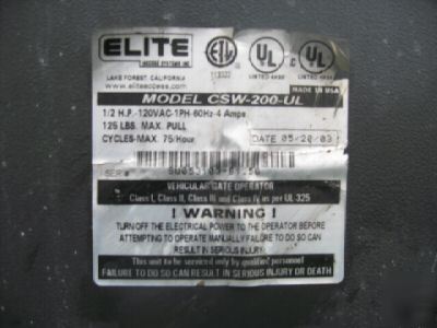 Elite csw-200-ul 1/2HP gate opener (pair) used minimal