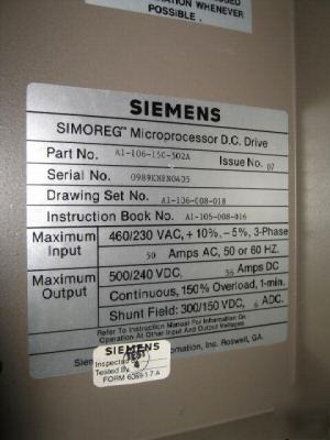 Siemens simoreg microprocessor dc drive A1-106-150-502A