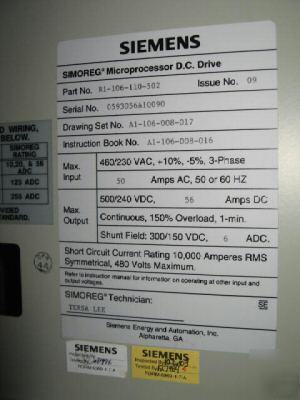 Siemens simoreg microprocessor dc drive R1-106-110-502