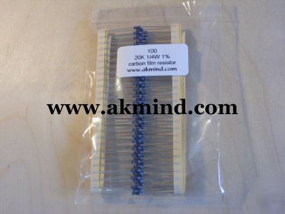 Pack of (100) 20K ohm 1/4W 1% carbon film resistor