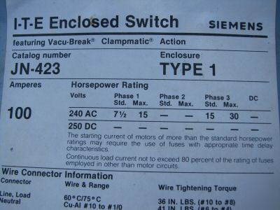 Ite safety switch 100 amp 240 volt 3 ph JN423 115EE