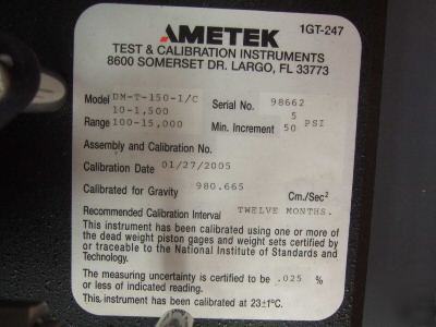 Ametek dm-t-150 deadweight dead weight tester gauge 