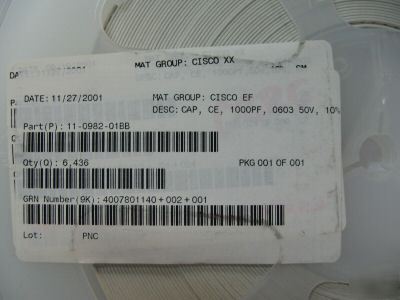 6,436PCS p/n RM73B1JTDD7505 ; cerm cap 1000PF 50V 10%