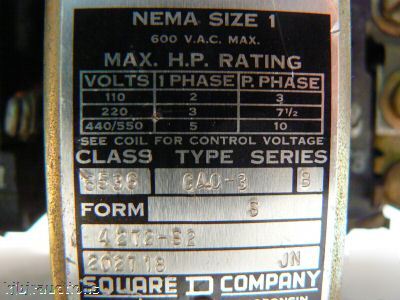 Square d nema 1 class 8536 10 hp max motor starter