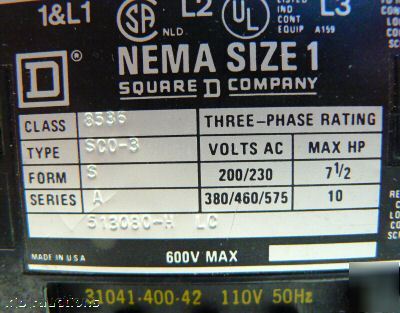 Square d nema 1 class 8536 motor starter 10 hp max