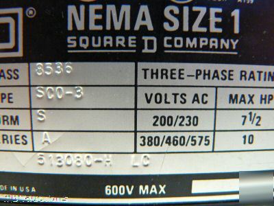 Square d nema 1 class 8536 motor starter 10 hp max