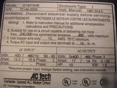 Ac tech variable speed ac motor drive Q14010HB 10HP
