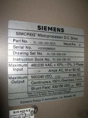 Siemens simoreg microprocessor dc drive A1-106-180-501A