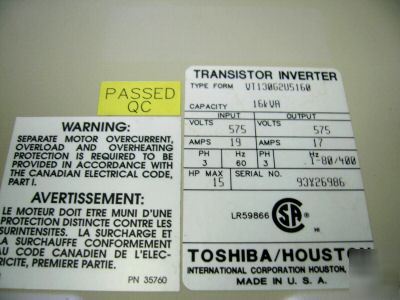 Tosvert 130 G2 transistor inverter 15HP 575 volt