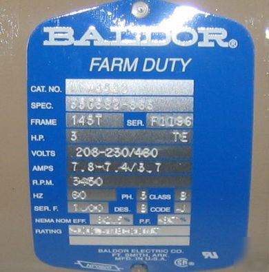 New baldor farm duty 3HP motor 3PH 3450RPM fr 145T 