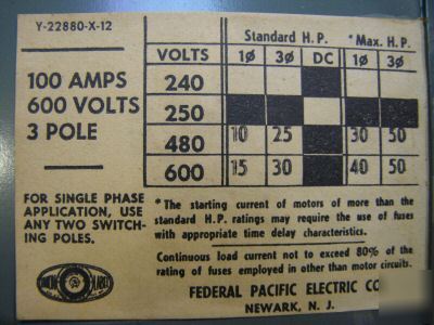 Federal pacific enclosure box on off 600 volt 63E