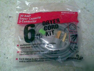 New dryer cord 6' 30 amp 3 wire 250 volt * * 