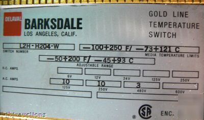 Delaval barksdale L2HH204W gold line temperature switch