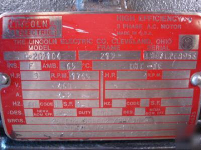 New * lincoln high effic. 3 hp 460 v, 3 ph frame 213 