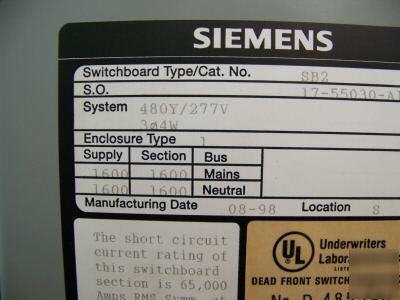 Siemens 1600AMP main circuit breaker panelboard 480/277