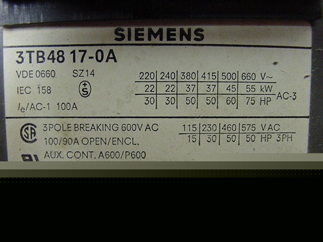 Siemens 3TB48 contactor 3 pole 100 amp 110-132 v coil
