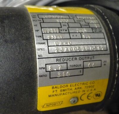 Baldor dcpm industrial electric motor, 1/27 hp 8.7RPM
